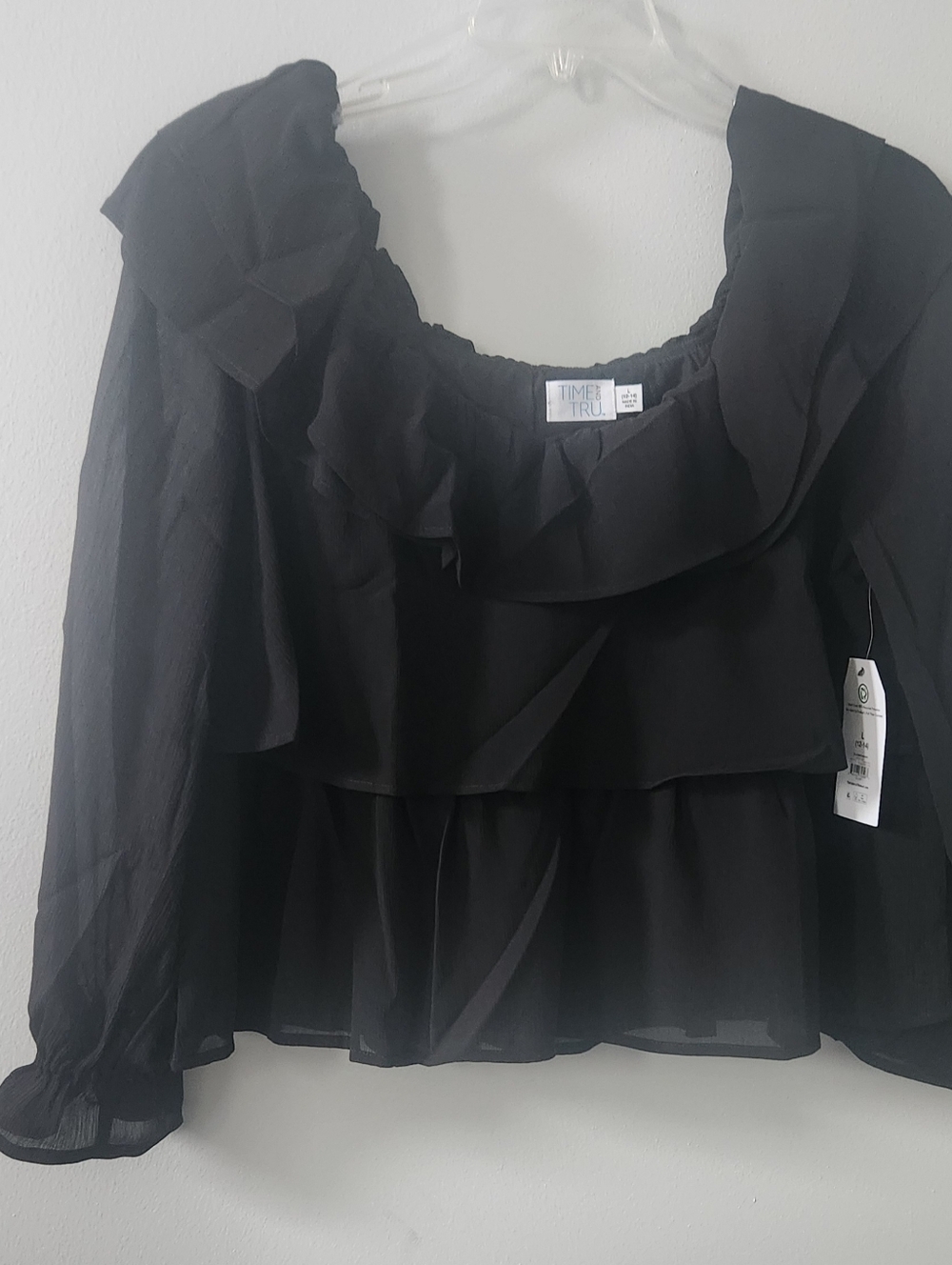 NWT Women's Time and Tru Short Black Layered Ruffle Long-Sleeve Blouse Top Shirt